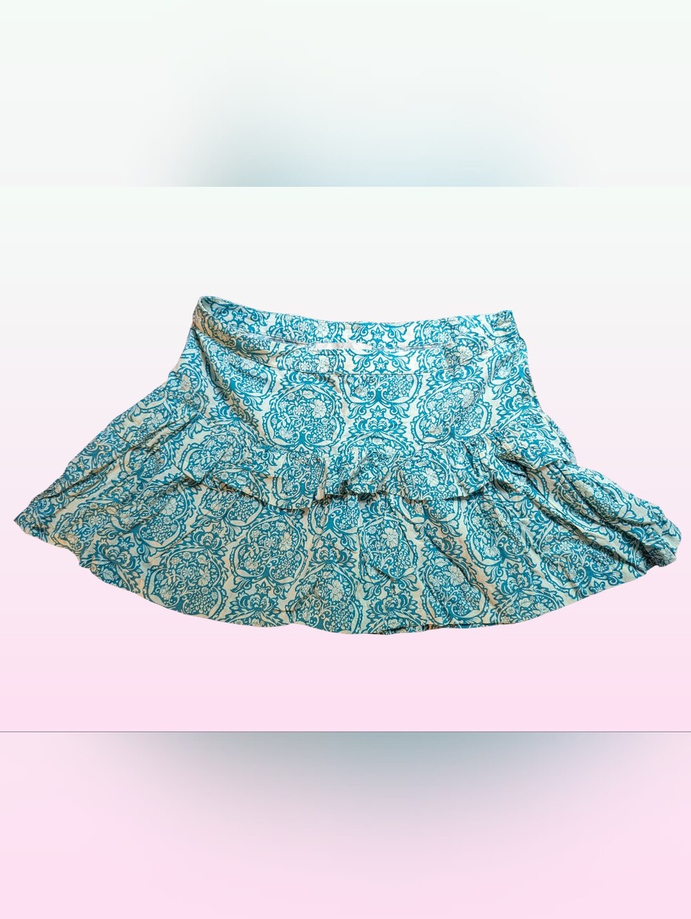 Costa Blanca Teal Blue Paisley Damask Tiered Ruffle Mini Skirt Size 8 Y2K